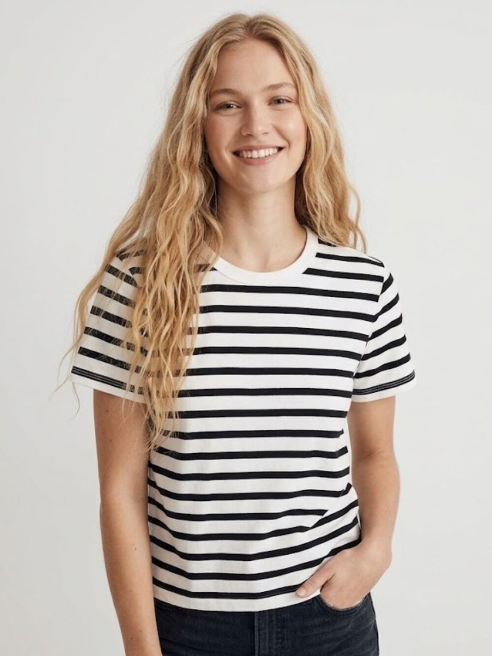 Madewell Perfect Crewneck Tee Allday Jersey White Black Stripe Size L NWT